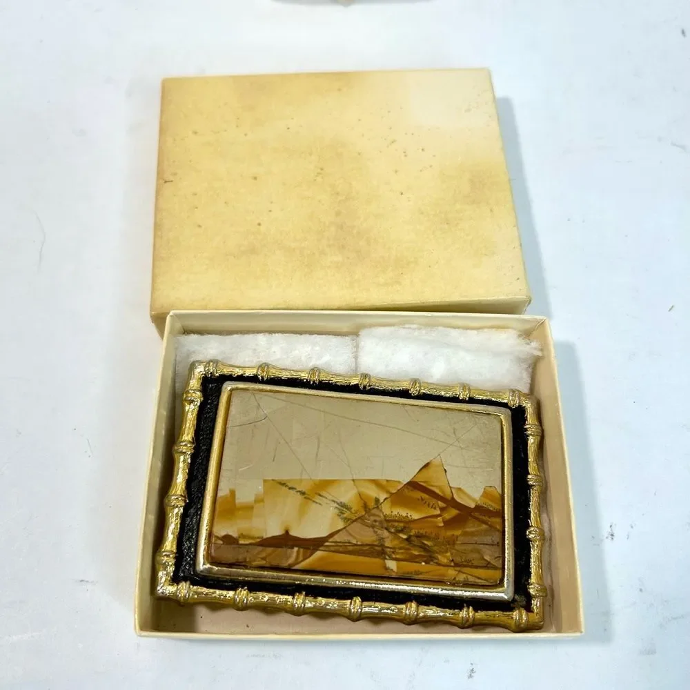 1970s Kenneth Reid Mixed Wood Inlay and Howlite Solid Brass Handmade Belt Buckle